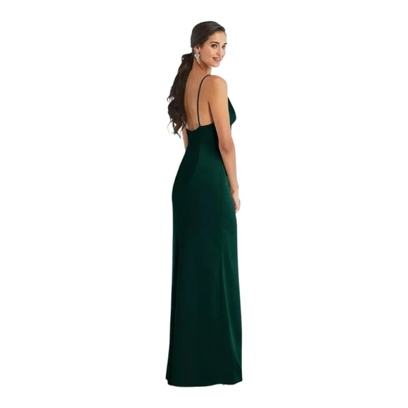 Dessy Collection Cowl-Neck Draped Wrap Maxi Dress With Front Slit In Evergreen - Picture 3 of 8